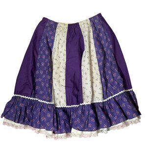 Vintage 80s Floral Prairie Skirt Lace Trim Medium Purple Patchwork Squaredancing